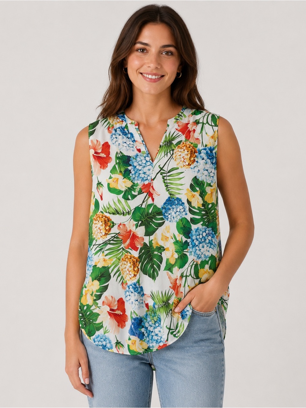 Fresh FX Tropical Floral 100% Modal Sleeveless Tunic Top Medium